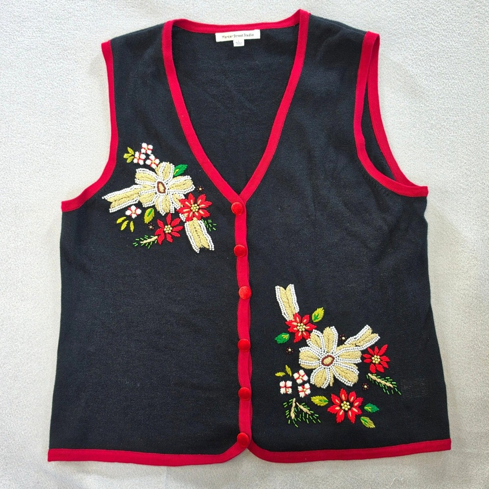 Mercer Street Studio Cottagecore Floral Embroidered Beaded Sweater Vest L Black